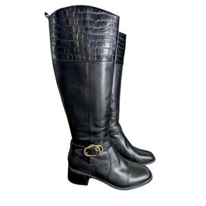 NWT/BOX! MARC FISHER BLACK GENUINE LEATHER W/CROCO IMPRINT CHUNKY HEEL BOOTS! 7M